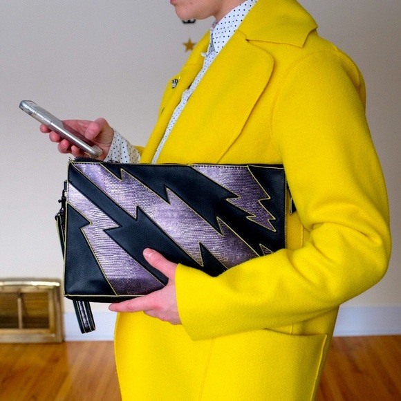 Sam Edelman Handbags - Sam Edelman Circus lighting bolts wristlet - black with neon yellow accents